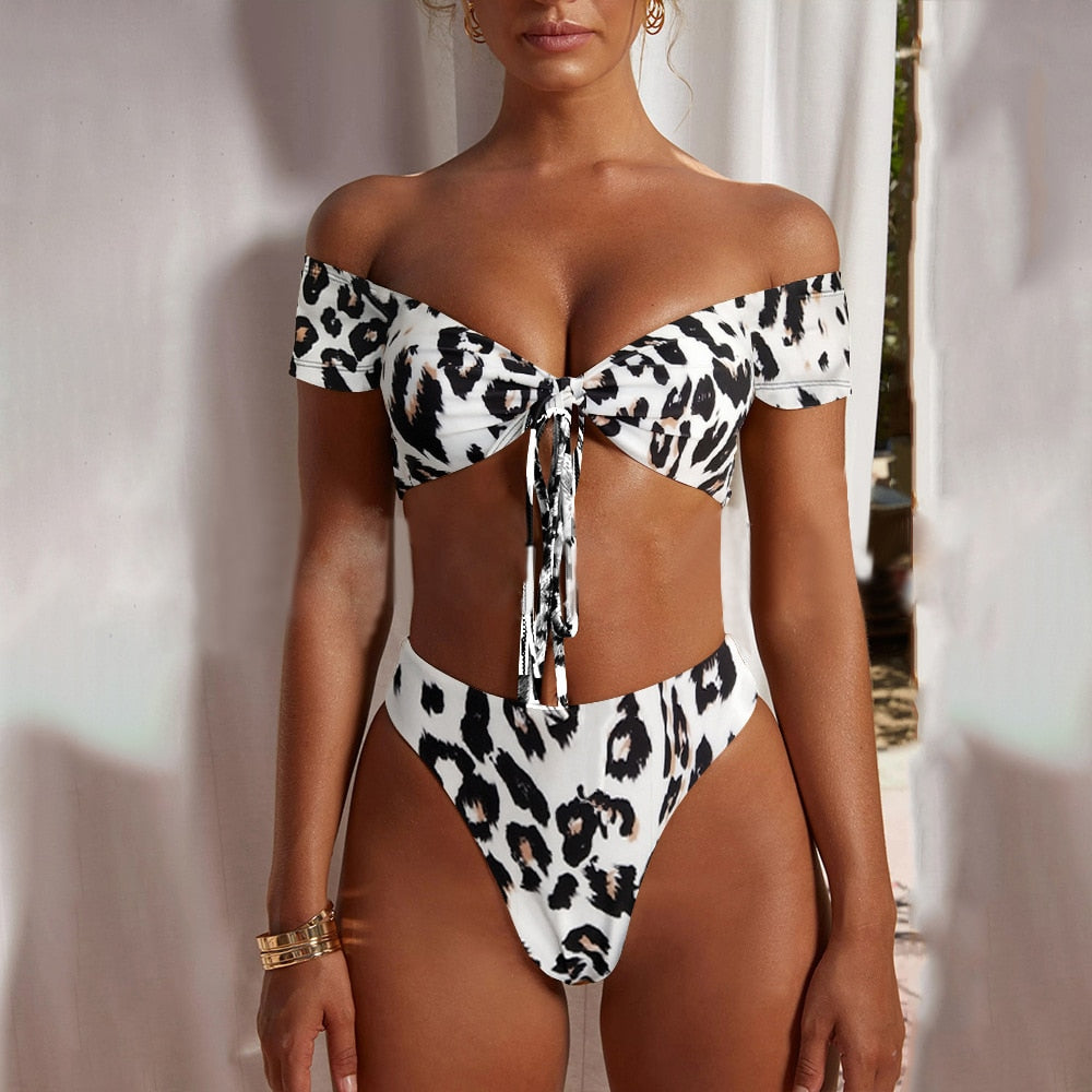 Leopard Off-Shoulder Sling Wrap Front-Tie Bikini
