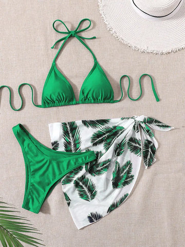 Leaf Print Three-Piece Mesh Bikini