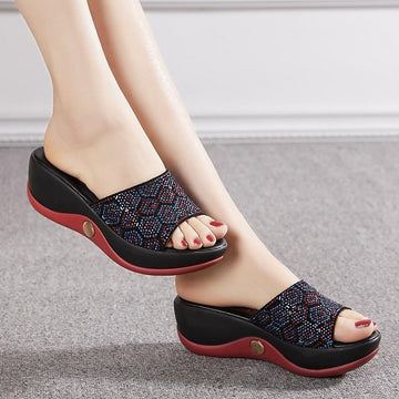 Women's Leather Rhinestone Wedges Casual Sandals - Oxford