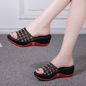 Women's Leather Rhinestone Wedges Casual Sandals