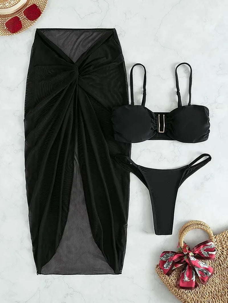3-Piece Mesh Skirt Bikini Set